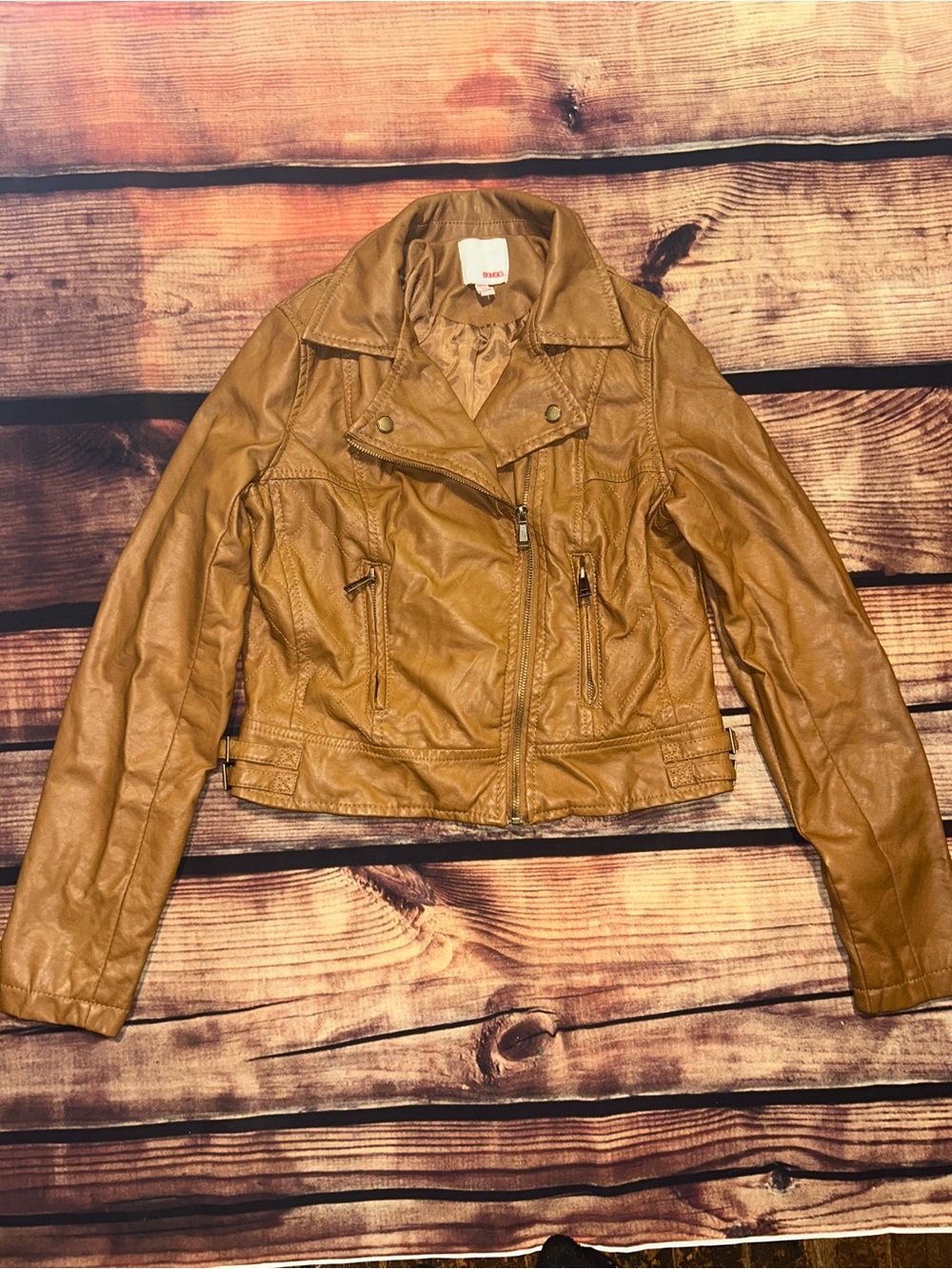 BONGO Womens Cognac Faux Leather Moto Jacket